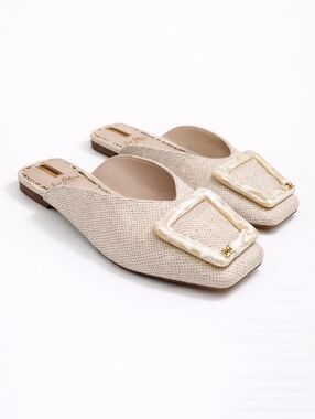 Sam Edelman Lavina Linen Mule Slides Natural Square Buckle Size 5